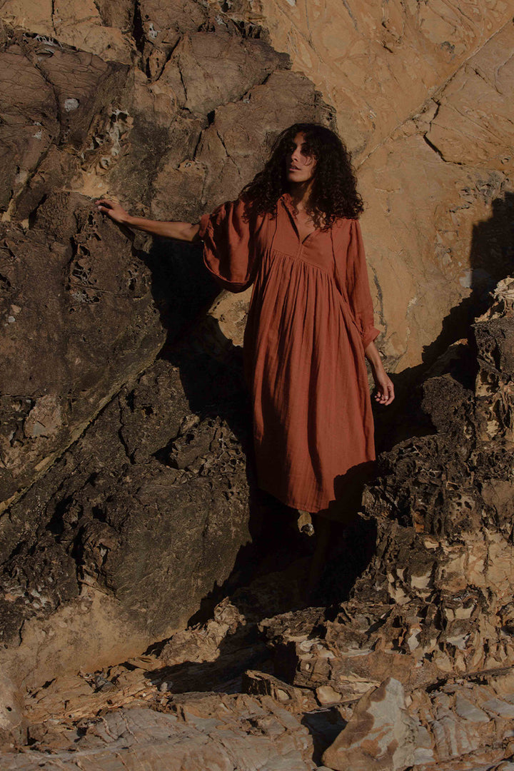 Kyra Midi Dress ~ Rust Gauze