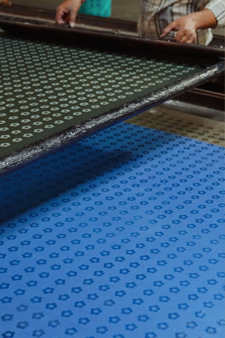 Hand block printing process in Jaipur — indigo dye on natural fabric, Daughters of India artisan craft